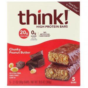 ThinkThin, Barritas altas en proteína, Mantequilla de maní en trozos, 5 barritas, 60 g (2,1 oz) cada una