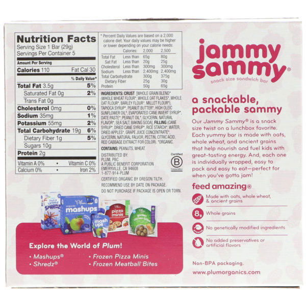 Plum Organics, Jammy Sammy, Peanut Butter & Grape, 5 Bars, 1.02 oz (29 g) Each - Imagen 2