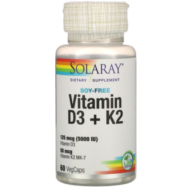 Solaray, Vitaminas D3 y K2, Sin soya, 125 mcg (5000 UI), 60 cápsulas vegetales