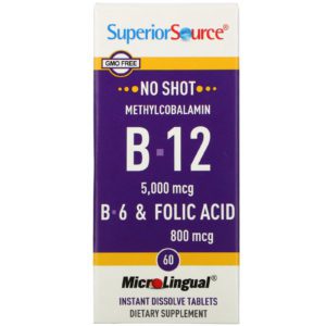 Superior Source, Metilcobalamina B12 5000 mcg, B-6 & ácido fólico 800 mcg, 60 tabletas microlinguales