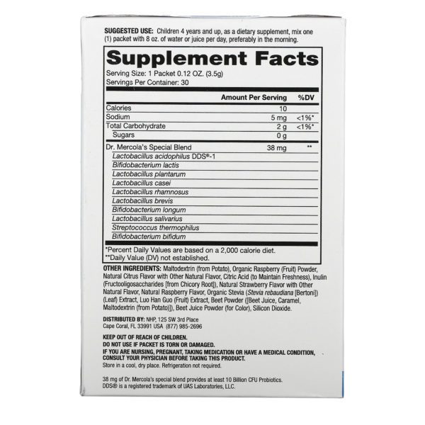 Dr. Mercola, polvo de probióticos completos en sobres para niños, sabor natural a frambuesa, 30 sobres, 0.12 oz (3.5 g) c/u - Imagen 2