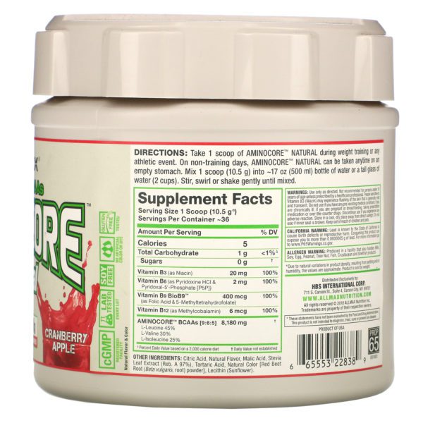 ALLMAX Nutrition, AMINOCORE Natural, Instantized BCAAs, Cranberry Apple, 13.3 oz (378 g) - Imagen 2