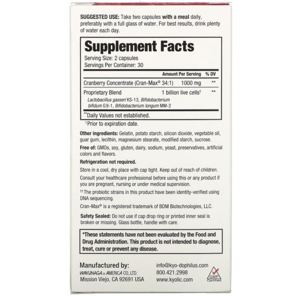 Kyolic, Kyo-Dophilus, Cran+ Probiotic , 60 Capsules - Imagen 2
