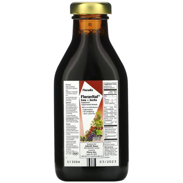 Flora, Floradix, Floravital, Suplemento con hierro y hierbas, Fórmula de extracto líquido, 250 ml (8,5 oz. líq.) - Imagen 3