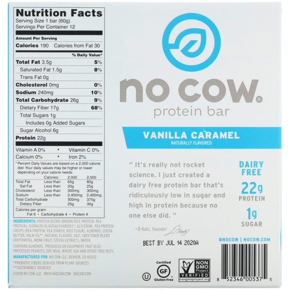 No Cow, Barrita proteica, Caramelo y vainilla, 12 barritas, 60 g (2,12 oz) cada una - Imagen 3