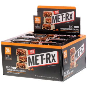 MET-Rx, Big 100, barrita para reemplazar comidas, churro de vainilla y caramelo, 9 barritas, 100 g (3,52 oz) cada una
