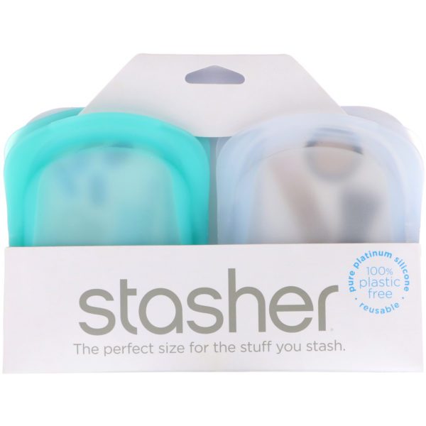 Stasher, Bolsita de silicona reutilizable, Transparente y aqua (verde agua), Paquete con 2 unidades, 42 g (4 oz) cada una