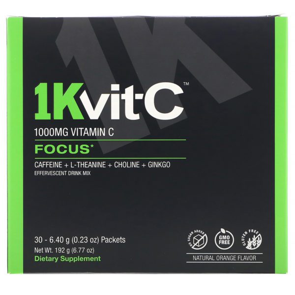 1Kvit-C, Vitamina C, Concentración, Mezcla para bebida efervescente, Sabor natural a naranja, 1000 mg, 30 sobres, 6,40 g (0,23 oz) cada uno