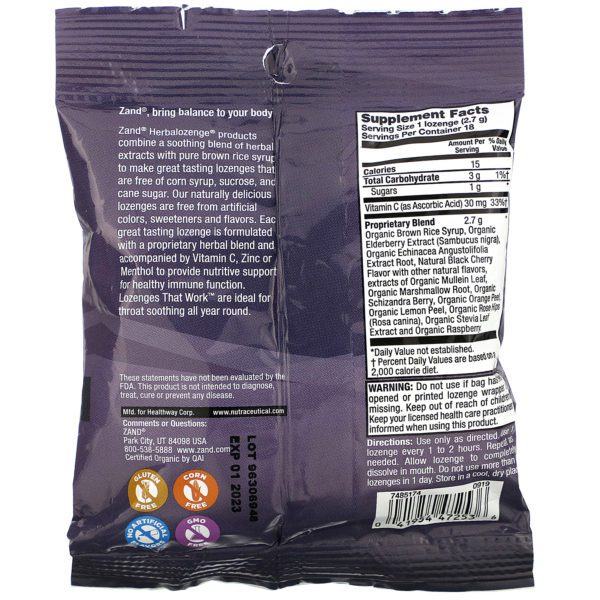 Zand, Organic Elderberry C, Berry Soother, 18 Throat Lozenges - Imagen 2