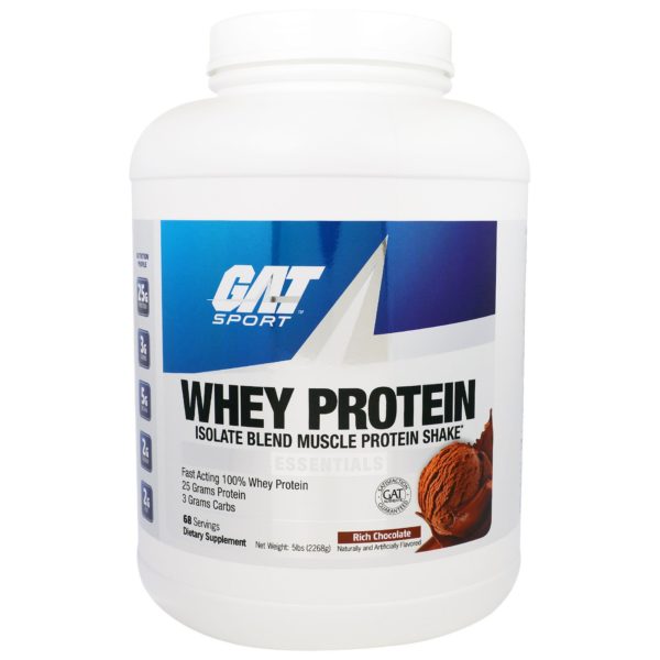 GAT, Proteína de suero de leche, batido de proteínas musculares aisladas y mezcladas, esenciales, chocolate intenso, 5 libras (2268 g)