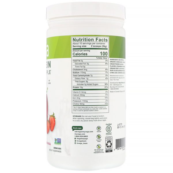 Vega, Protein Made Simple, fresa y banana, 263 g (9,3 oz) - Imagen 2