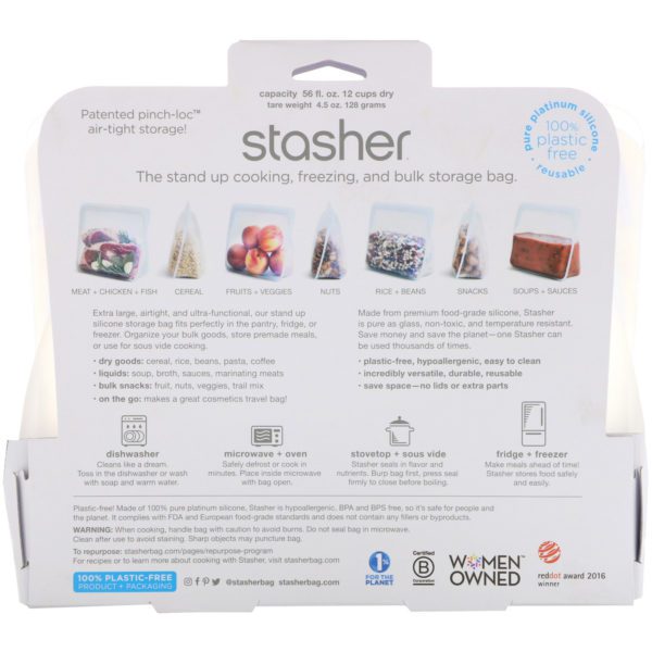 Stasher, Reusable Silicone Food Bag, Stand Up Bag, Clear, 56 fl. oz. (128 g) - Imagen 2