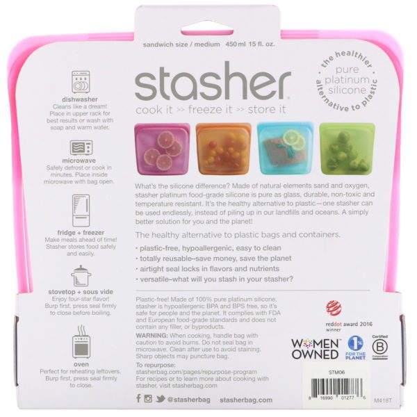 Stasher, Bolsa de silicona reutilizable para alimentos, Tamaño para emparedado, Mediana, Frambuesa, 450 ml (15 oz. líq.) - Imagen 2