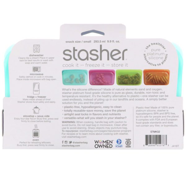 Stasher, Bolsa de silicona reutilizable para alimentos, Tamaño para bocadillos, Pequeña, Aguamarina, 293,5 ml (9,9 oz. líq.) - Imagen 2