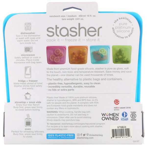 Stasher, Reusable Silicone Food Bag, Sandwich Size/Medium, Blueberry, 15 fl oz (450 ml) - Imagen 2