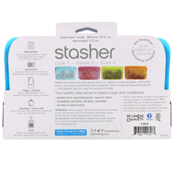 Stasher, Bolsa de silicona reutilizable para alimentos, Tamaño para bocadillos, Pequeña, Azul, 293,5 ml (9,9 oz. líq.) - Imagen 2