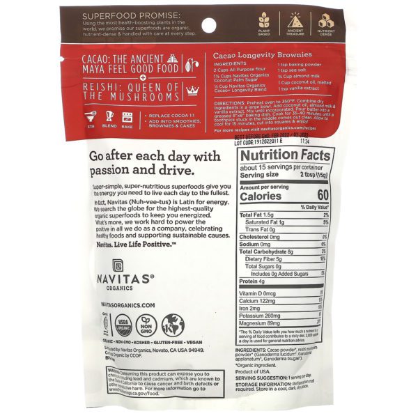 Navitas Organics, Longevity Blend, Organic Cacao + Reishi,  8 oz (227 g) - Imagen 2