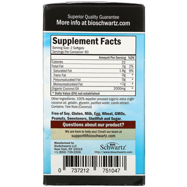 BioSchwartz, Aceite de coco orgánico, 2000 mg, 120 cápsulas blandas - Imagen 2
