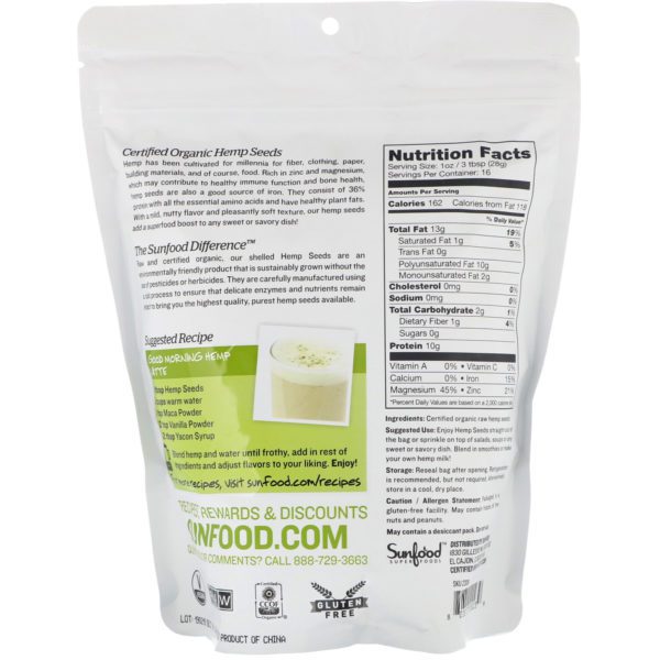 Sunfood, Raw Organic Shelled Hemp Seeds, 1 lb (454 g) - Imagen 2
