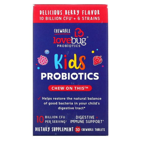 LoveBug Probiotics, Probióticos para niños, Bayas deliciosas, 10.000 millones de UFC, 30 comprimidos masticables