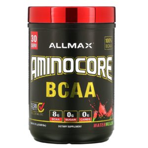 ALLMAX Nutrition, AMINOCORE, BCAA, 8 G de BCAA + 0 azúcar + 0 carbohidratos, Sandía, 315 g (0,69 lb)