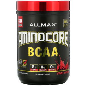 ALLMAX Nutrition, AMINOCORE, BCAA, 8 G de BCAA + 0 azúcar + 0 carbohidratos, Ponche de frutas, 315 g (0,69 lb)
