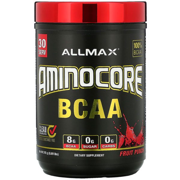 ALLMAX Nutrition, AMINOCORE, BCAA, 8 G de BCAA + 0 azúcar + 0 carbohidratos, Ponche de frutas, 315 g (0,69 lb)