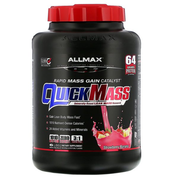 ALLMAX Nutrition, Quick Mass, catalizador para ganar masa muscular rápidamente, frutilla y banana, 6 lbs. (2.72 kg.)