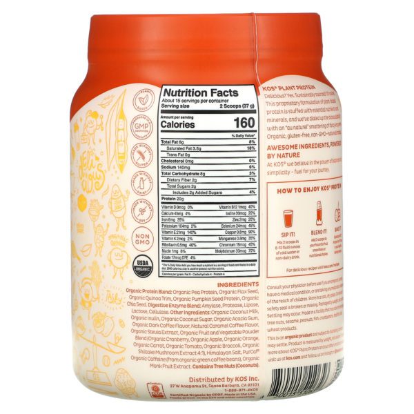 KOS, Organic Plant Protein, Salted Caramel Coffee, 1.2 lb (555 g) - Imagen 2