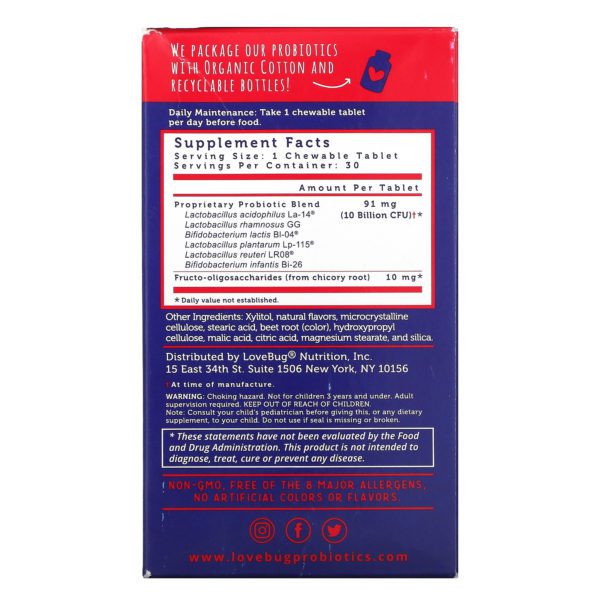 LoveBug Probiotics, Probióticos para niños, Bayas deliciosas, 10.000 millones de UFC, 30 comprimidos masticables - Imagen 2
