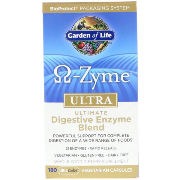 Garden of Life, Ω-Zyme, ultra, mezcla de enzimas digestivas definitiva, 180 UltraZorbe cápsulas vegetarianas