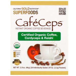 California Gold Nutrition, CaféCeps, Café instantáneo orgánico con polvo de hongos Cordyceps y reishi, 30 sobres, 2,2 g (0,077 oz) cada uno