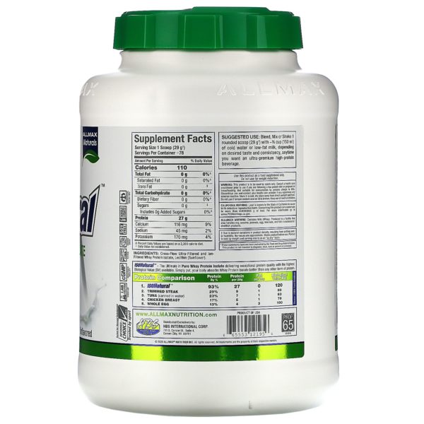 ALLMAX Nutrition, IsoNatural, 100% Ultra-Pure Natural Whey Protein Isolate, Unflavored, 5 lbs (2.25 kg) - Imagen 2