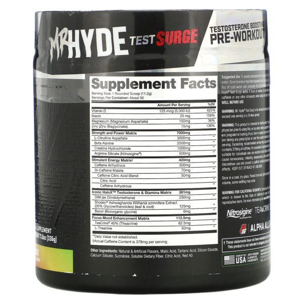 ProSupps, Mr. Hyde, Test Surge, Testosterone Boosting Pre-Workout, Cherry Limeade, 11.8 oz (336 g) - Imagen 2