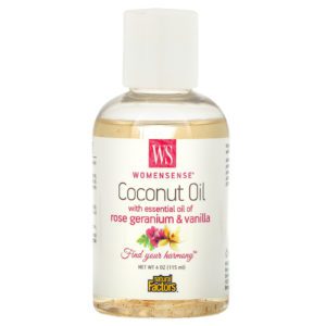 Natural Factors, WomenSense, aceite de coco con esencia de aceite de rosas, geranio y vainilla, 4 oz. (115 ml.)