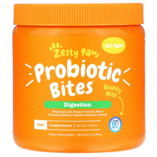 Zesty Paws, Probiotic Bites, Bocadillos para perros para ayudar a la digestión, Todas las edades, Sabor a calabaza, 90 bocadillos masticables blandos