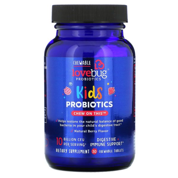 LoveBug Probiotics, Probióticos para niños, Bayas deliciosas, 10.000 millones de UFC, 30 comprimidos masticables - Imagen 3