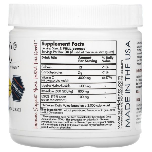 Sufficient C, High Dosed Immune-Ade Drink Mix, Lemon Peach , 4,000 mg , 250 g - Imagen 2