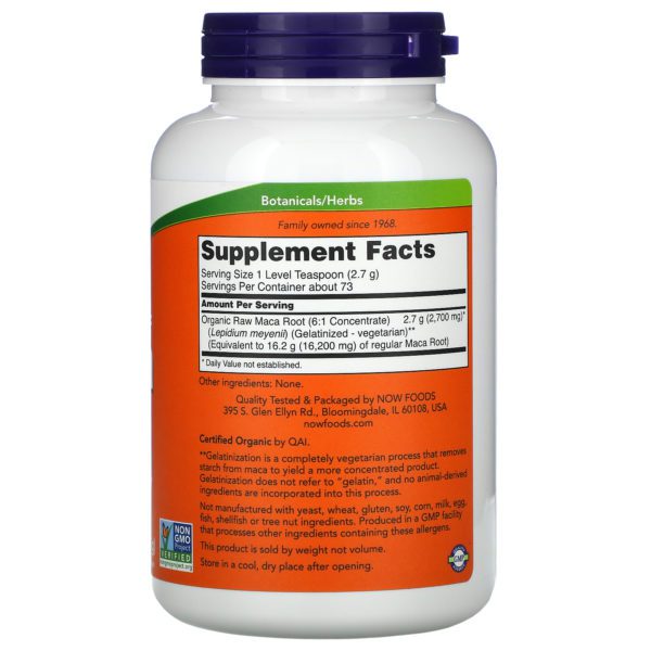 Now Foods, Maca orgánica certificada pura en polvo, 198 g (7 oz) - Imagen 2