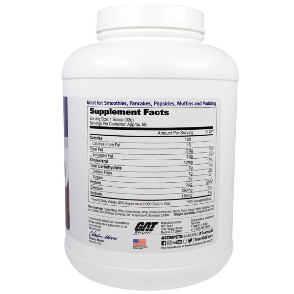 GAT, Proteína de suero de leche, batido de proteínas musculares aisladas y mezcladas, esenciales, chocolate intenso, 5 libras (2268 g) - Imagen 2