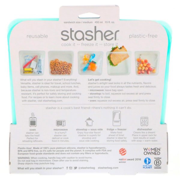 Stasher, Bolsa de silicona para alimentos, reutilizable, tamaño sándwich mediano, aqua, 15 oz líq. (450 ml) - Imagen 2