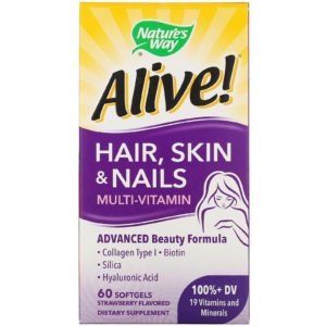 Nature's Way, Alive! Multi-Vitaminas para cabello, piel y uñas, Sabor de fresa, 60 cápsulas suaves
