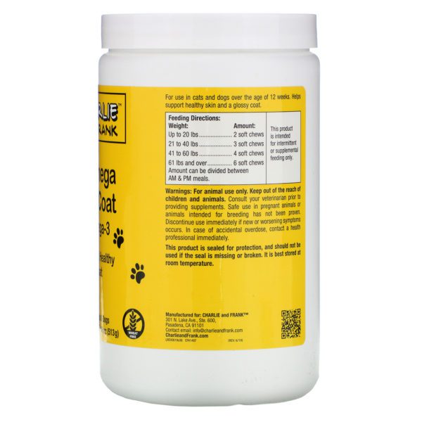 Charlie & Frank, Ácidos grasos omega-3 para la piel y el pelaje de las mascotas, Para gatos y perros, 180 suplementos masticables blandos - Imagen 2