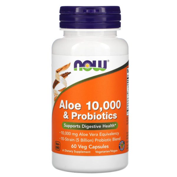 Now Foods, Aloe 10 000 y probióticos, 60 comprimidos vegetarianos