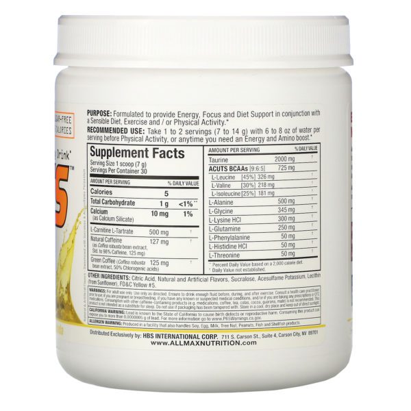 ALLMAX Nutrition, ACUTS, Amino-Charged Energy Drink, Pina Colada, 7.4 oz (210 g) - Imagen 2