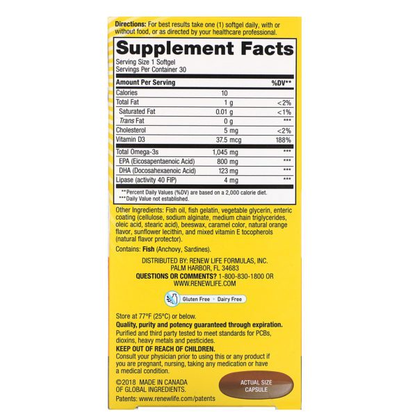 Renew Life, Norwegian Gold Omega-3 Fish Oil, 1,045 mg, 30 Enteric-Coated Softgels - Imagen 2