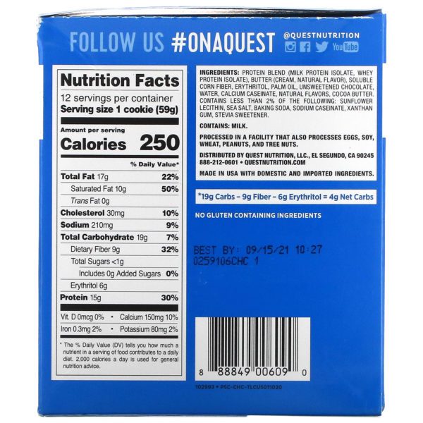 Quest Nutrition, Galleta de proteína, Chispas de chocolate, Paquete con 12 unidades, 59 g (2,08 oz) cada una - Imagen 3