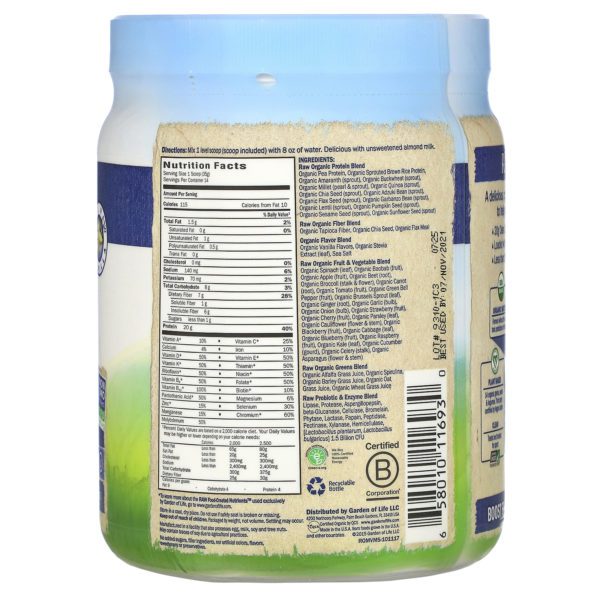 Garden of Life, RAW Organic Meal, Shake & Meal Replacement, Vanilla, 17.1 oz (484 g) - Imagen 2