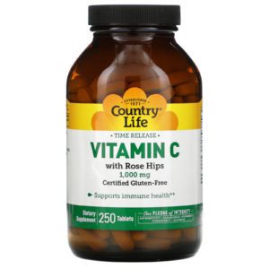 Country Life, Vitamina C de liberación prolongada con rosa mosqueta, 1000 mg, 250 comprimidos