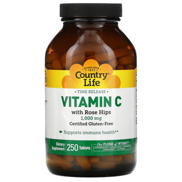 Country Life, Vitamina C de liberación prolongada con rosa mosqueta, 1000 mg, 250 comprimidos